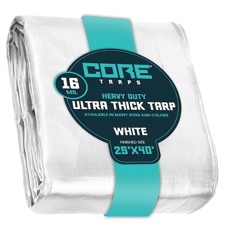 Core Tarps Heavy Duty Tarp, 40 ft L x 0.5 mm H x 25 ft W, 16 Mil, White, Polyethylene CT-304-25X40